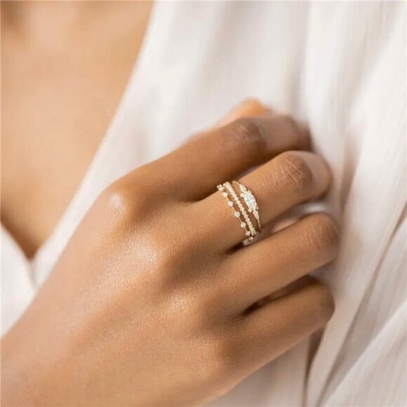 NWT Dainty Ring Set of 3PCs 14K Gold Plated Cubic Zirconia Sz.7 Fairy - Picture 6 of 11